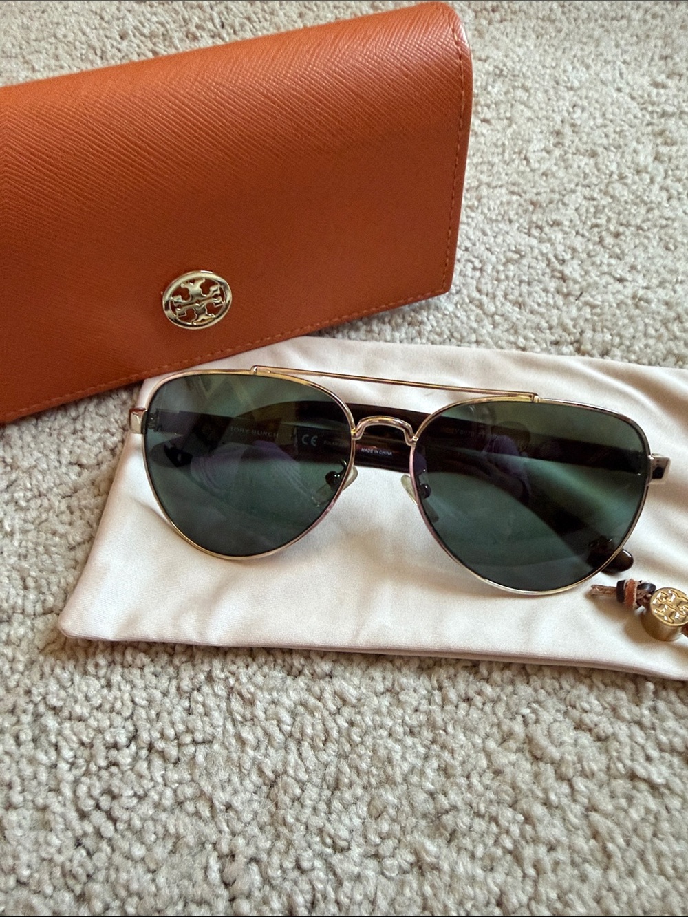 Tory Burch Gold & Tortoise Frame Aviator Style Sunglasses